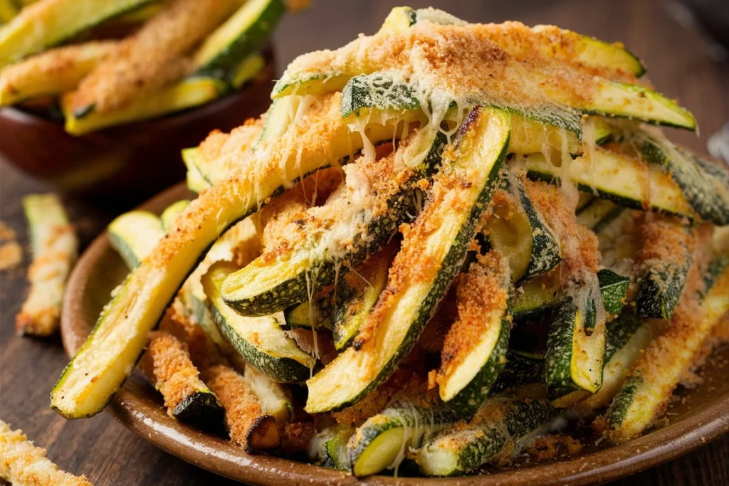 A hand dipping a crispy Parmesan zucchini fry into marinara sauce.