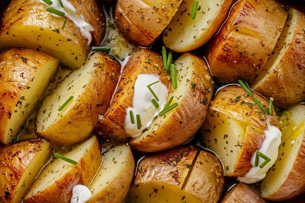 A bowl of crispy baked seasoned potatoes served with a side of garlic aioli dip.