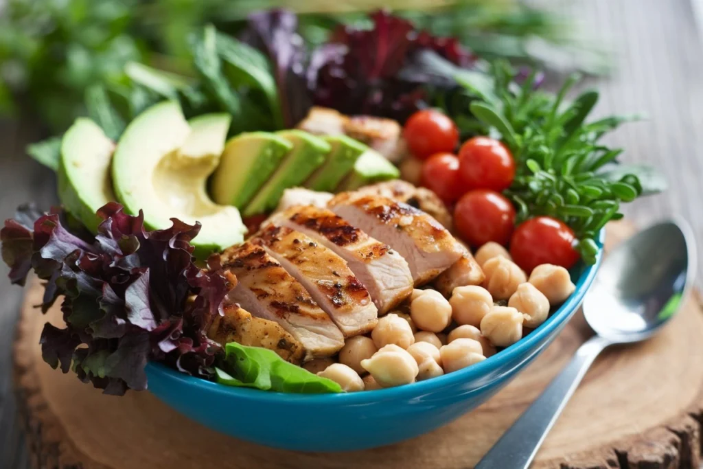 A healthy grilled chicken and chickpea bowl drizzled with lemon dressing, served on a rustic wooden table.