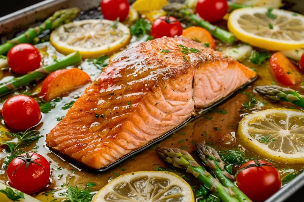  A beautifully glazed maple Dijon salmon fillet on a sheet pan with roasted vegetables.