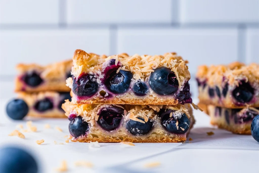 A close-up of blueberry coconut bars with a crunchy golden crust, topped with fresh blueberries and coconut flakes.