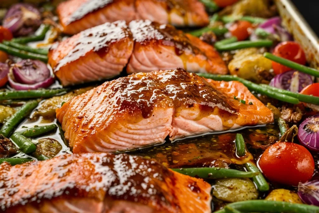  A golden-brown maple Dijon salmon fillet surrounded by roasted asparagus and carrots on a baking sheet.
