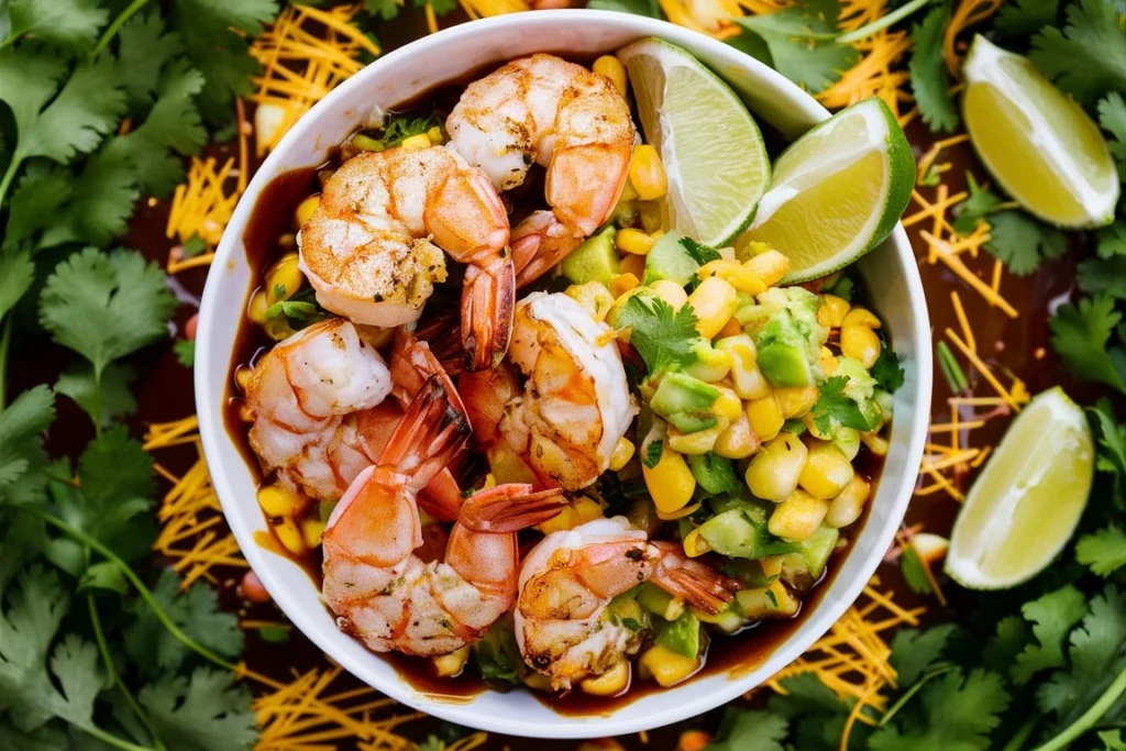 Grilled shrimp bowl topped with avocado corn salsa, served in a white bowl.