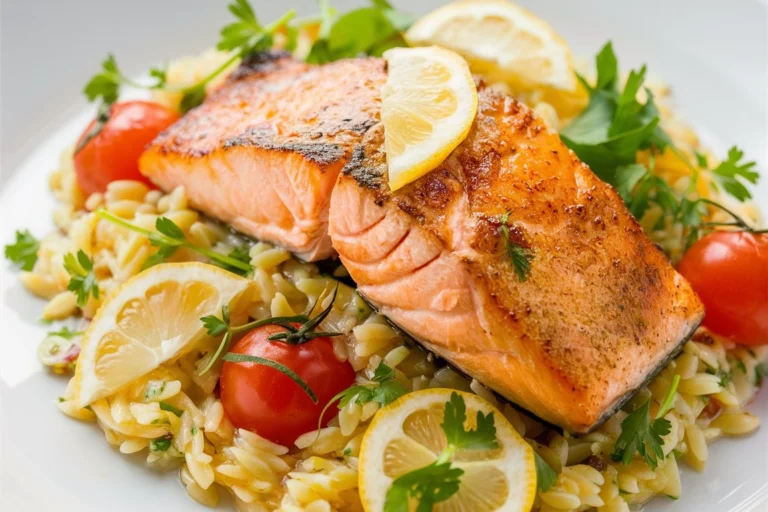 Close-up of salmon with lemon orzo, garnished with lemon slices and herbs.