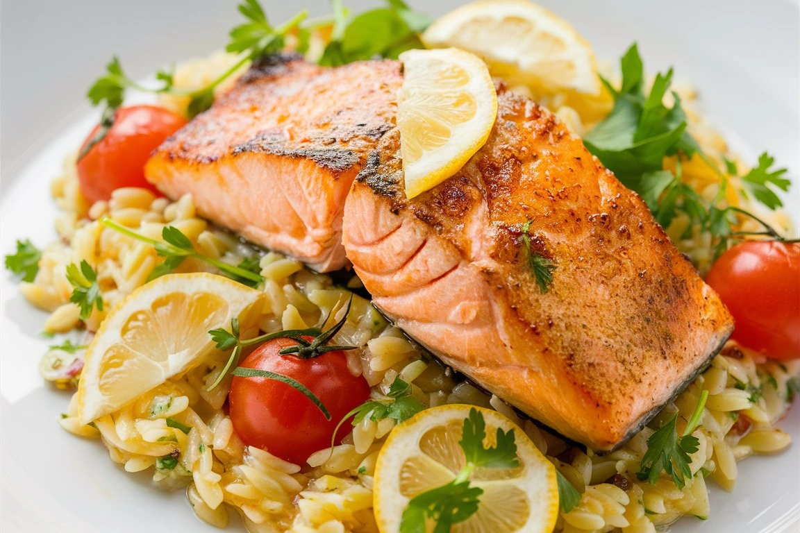 Close-up of salmon with lemon orzo, garnished with lemon slices and herbs.
