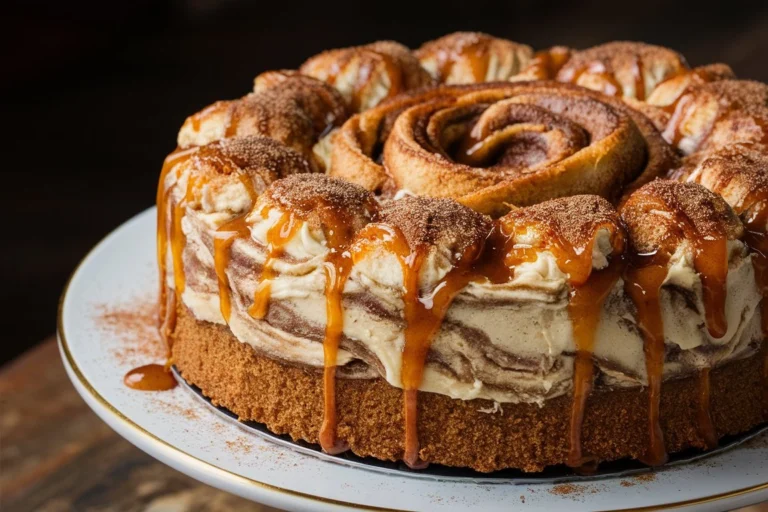 "Close-up of a cinnamon roll cheesecake slice with cinnamon swirls"