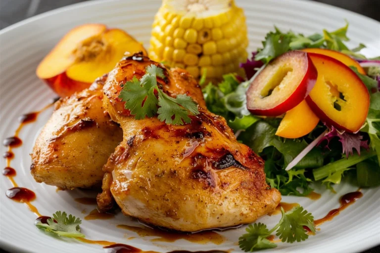 Sizzling Jalapeno Peach Chicken on a grill with fresh peaches and jalapenos.