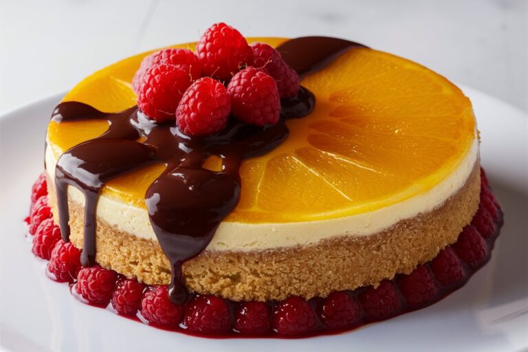 "Orange Mascarpone Cheesecake with chocolate drizzle and orange slices"