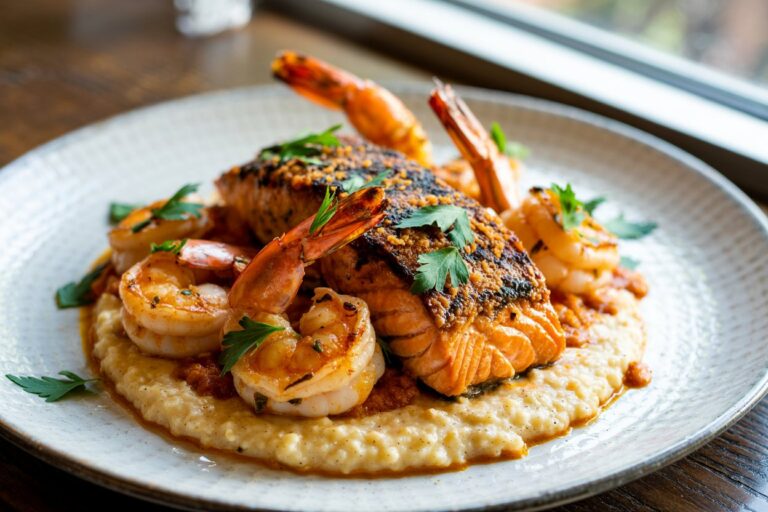 Blackened Salmon & Creamy Cajun Shrimp Over Southern Grits: A Soulful Southern Comfort Dish