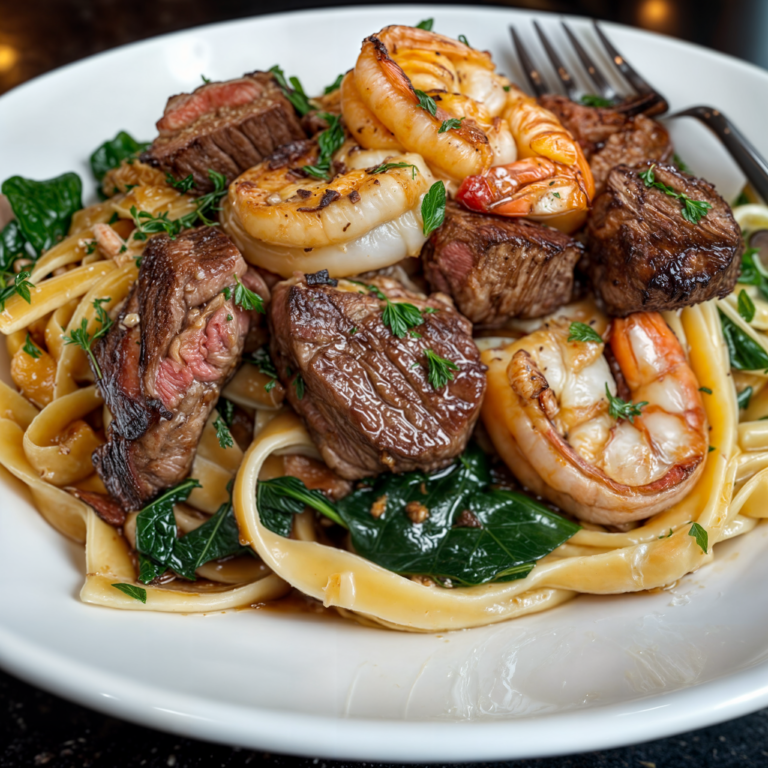 Surf-and-Turf Linguine with Garlic Butter Sauce – A Luxurious One-Pan Wonder