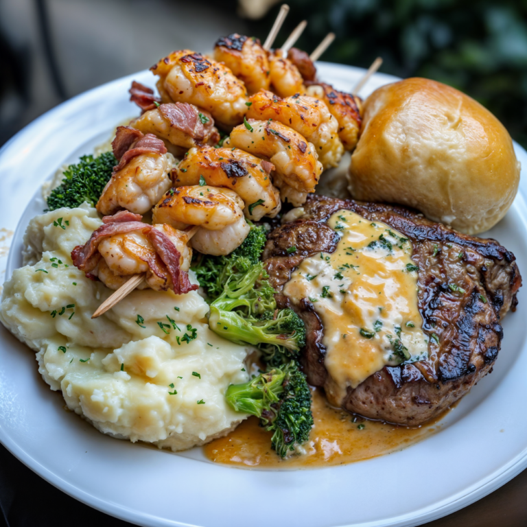 The Ultimate Surf and Turf Feast: Steak with Shrimp, Mashed Potatoes, Cheesy Broccoli, and a Soft Roll