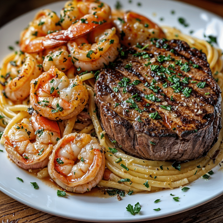 Filet Mignon with Garlic Herb Shrimp and Buttery Herb Pasta: A Luxurious Surf-and-Turf Masterpiece