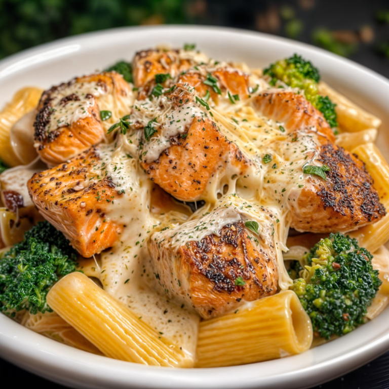 Blackened Salmon Alfredo Pasta with Broccoli & Parmesan Drizzle