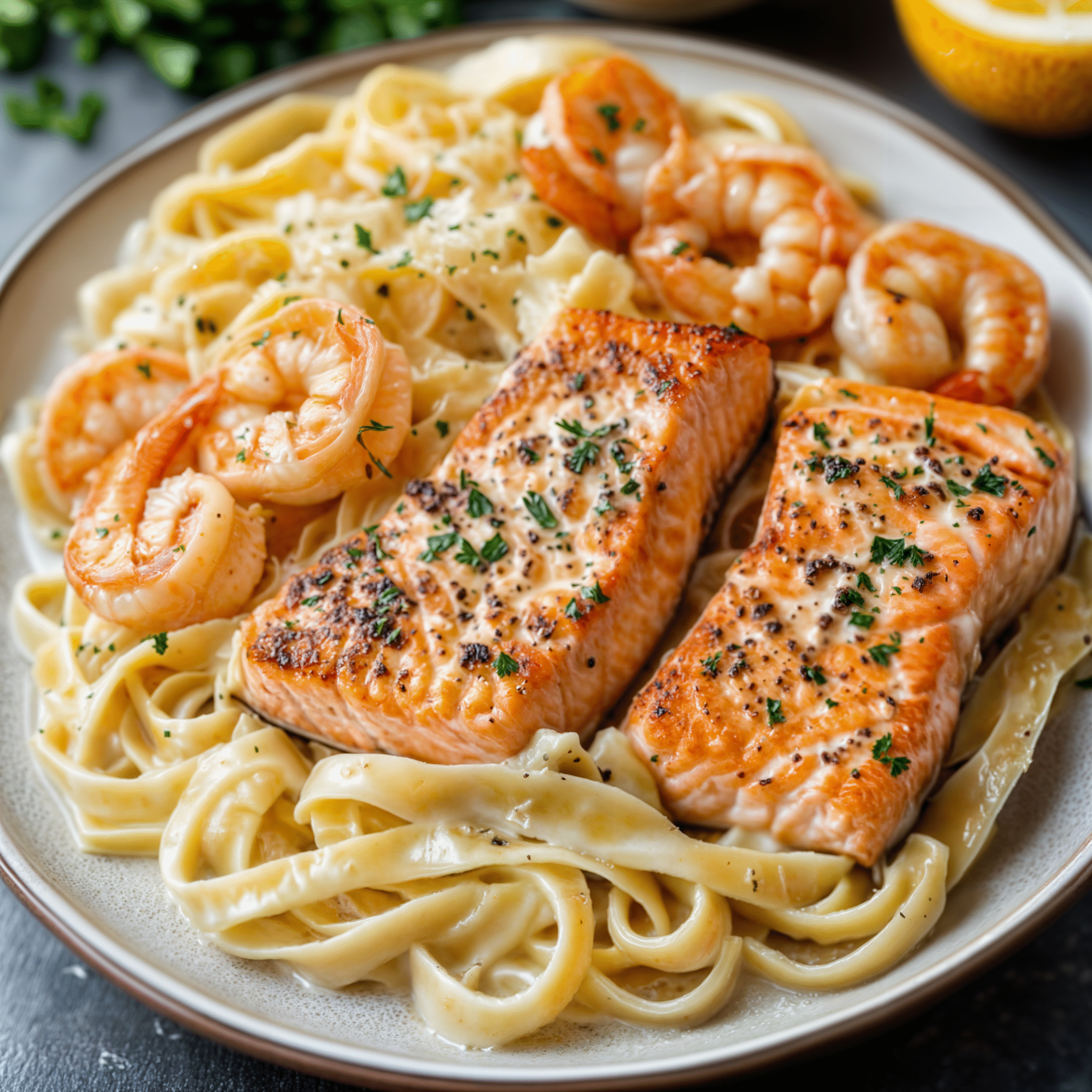 Zesty Twist on the Classic—Creamy Alfredo with Salmon & Shrimp