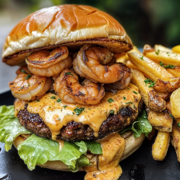 The Ultimate Cheeseburger with Grilled Shrimp & Loaded Fries