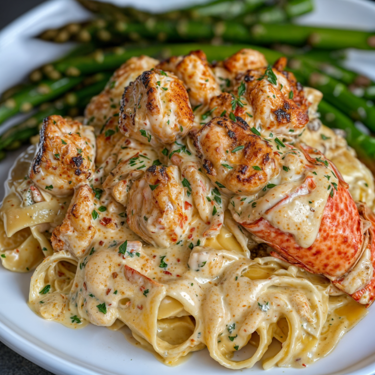 Cajun Butter Lobster Tail with Creamy Garlic Pasta & Roasted Asparagus