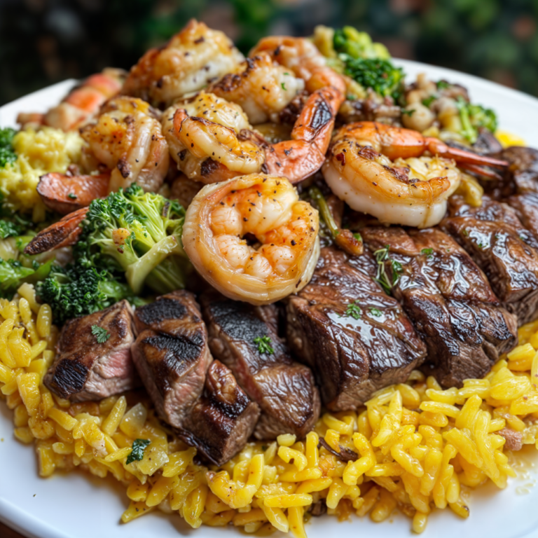 Steak & Shrimp Loaded Yellow Rice Plate – A Flavor-Packed One-Pan Feast