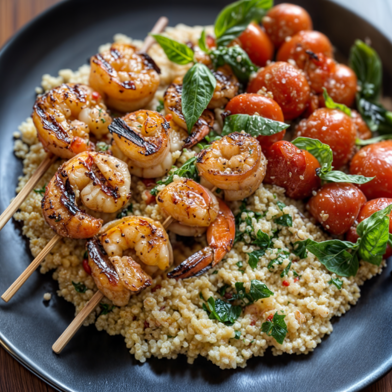 Grilled Shrimp Skewers with Couscous & Tomato Basil Salad