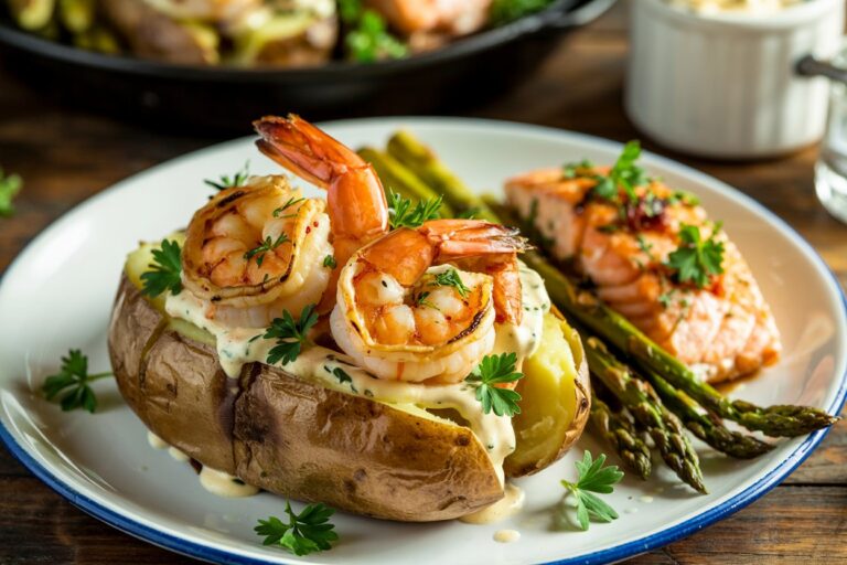 Shrimp Stuffed Baked Potato with Blackened Salmon & Grilled Asparagus: The Ultimate Southern-Inspired Surf & Turf Feast