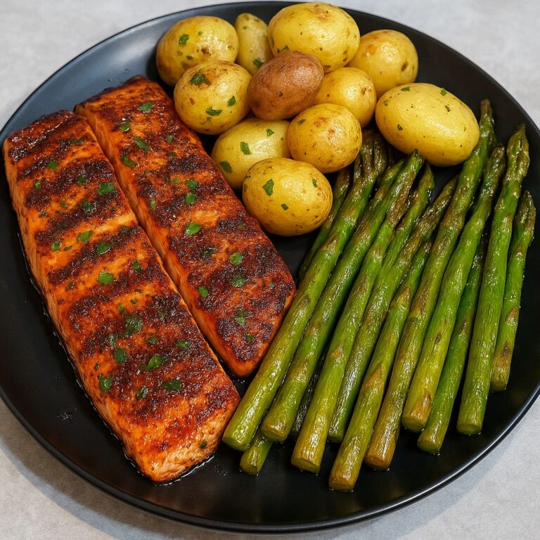Garlic Butter Salmon with Roasted Potatoes & Asparagus